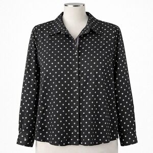 Foxcroft Womens Polka Dot Button Shirt Sz 16W Black White Wrinkle Free Coquette